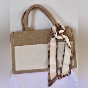 ❗️SOLD❗️Jute Tote Beach Bag w/ silk twilly scarf and cosmetic pouch